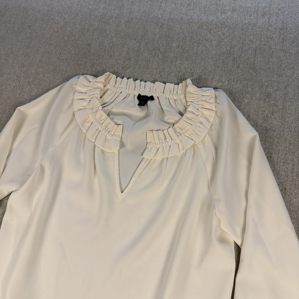 J.Crew Ruffleneck Blouse Women XS Ivory Crepe Long Sleeve V-Neck Popover Top